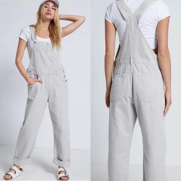Free People Pants - Free People We The Free Ziggy Gray Denim Jean Overalls Wide Leg Large Grey